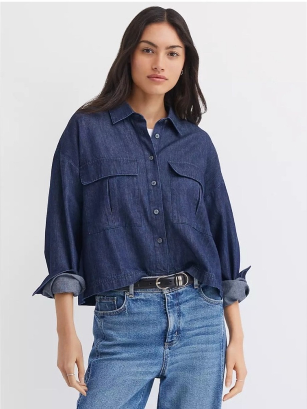 LOFT Chambray Dark Denim Longs Sleeve Top in Large